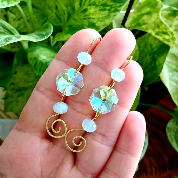 Statement Holographic Hammered Dangle Earrings, Rainbow Boho Swirl - Picture 5 of 9